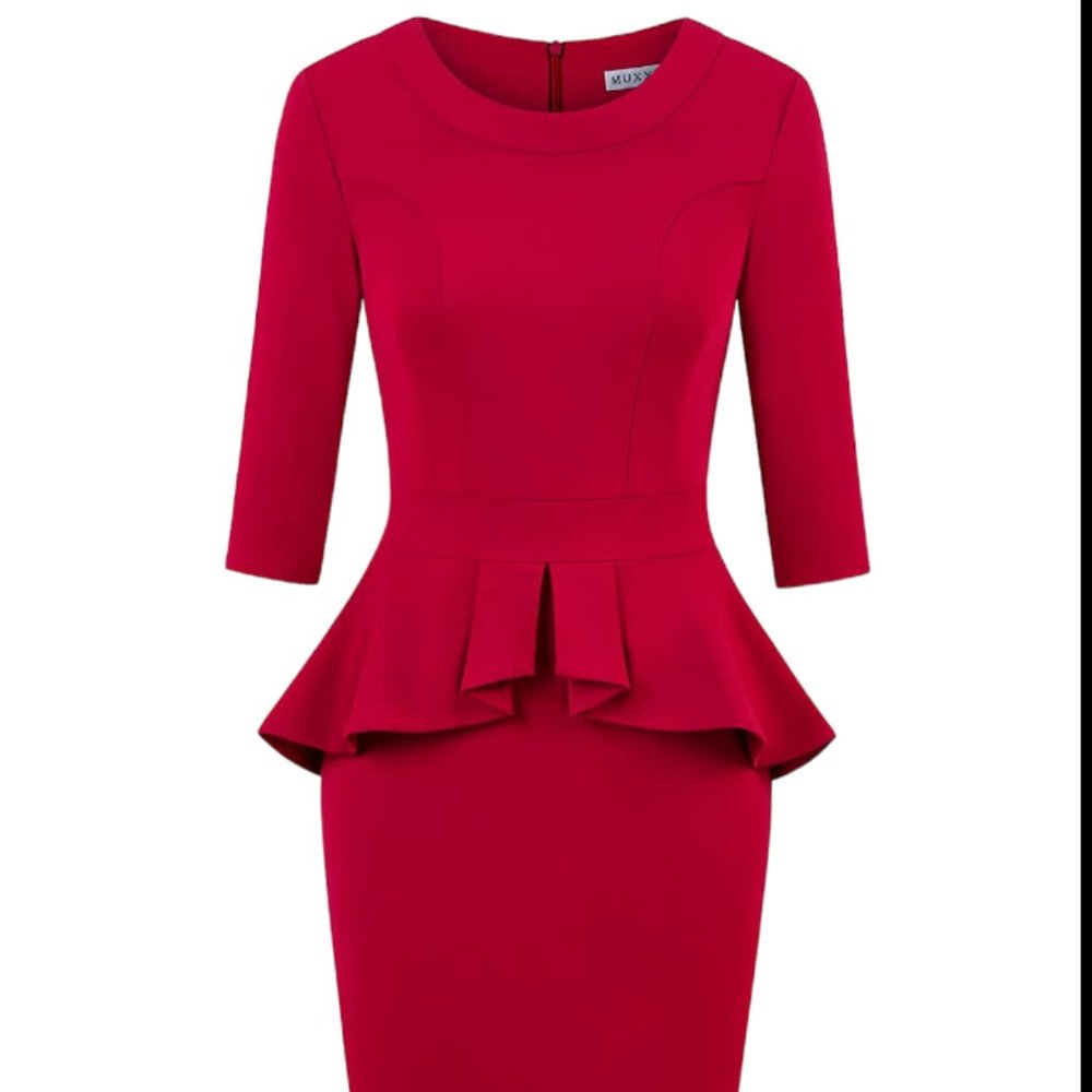 MUXXN Women's 50s Vintage Bodycon 3/4 Sleeve Midi Peplum Pencil Dress Red 3XL